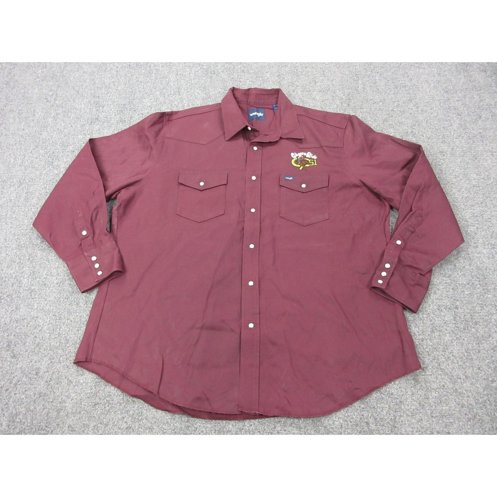 VTG Wrangler Shirt Mens 2XL Red Solid Long Sleeve Western Snap Charro Ride Rodeo